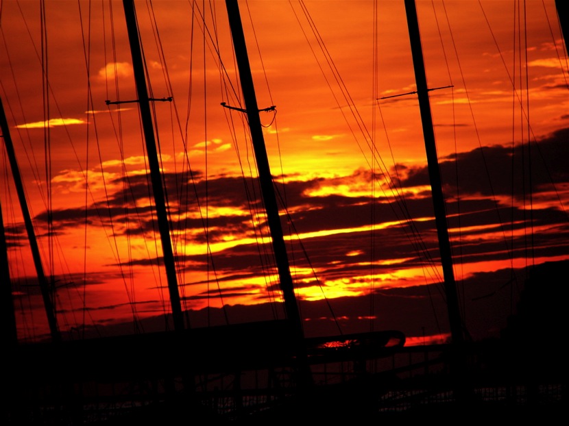Los mástiles de los barcos en la puesta de sol